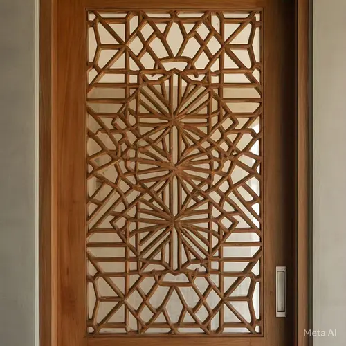 Pintu Kayu dengan Roster Geometris: Perpaduan Estetika Natural dan Detail Artistik
